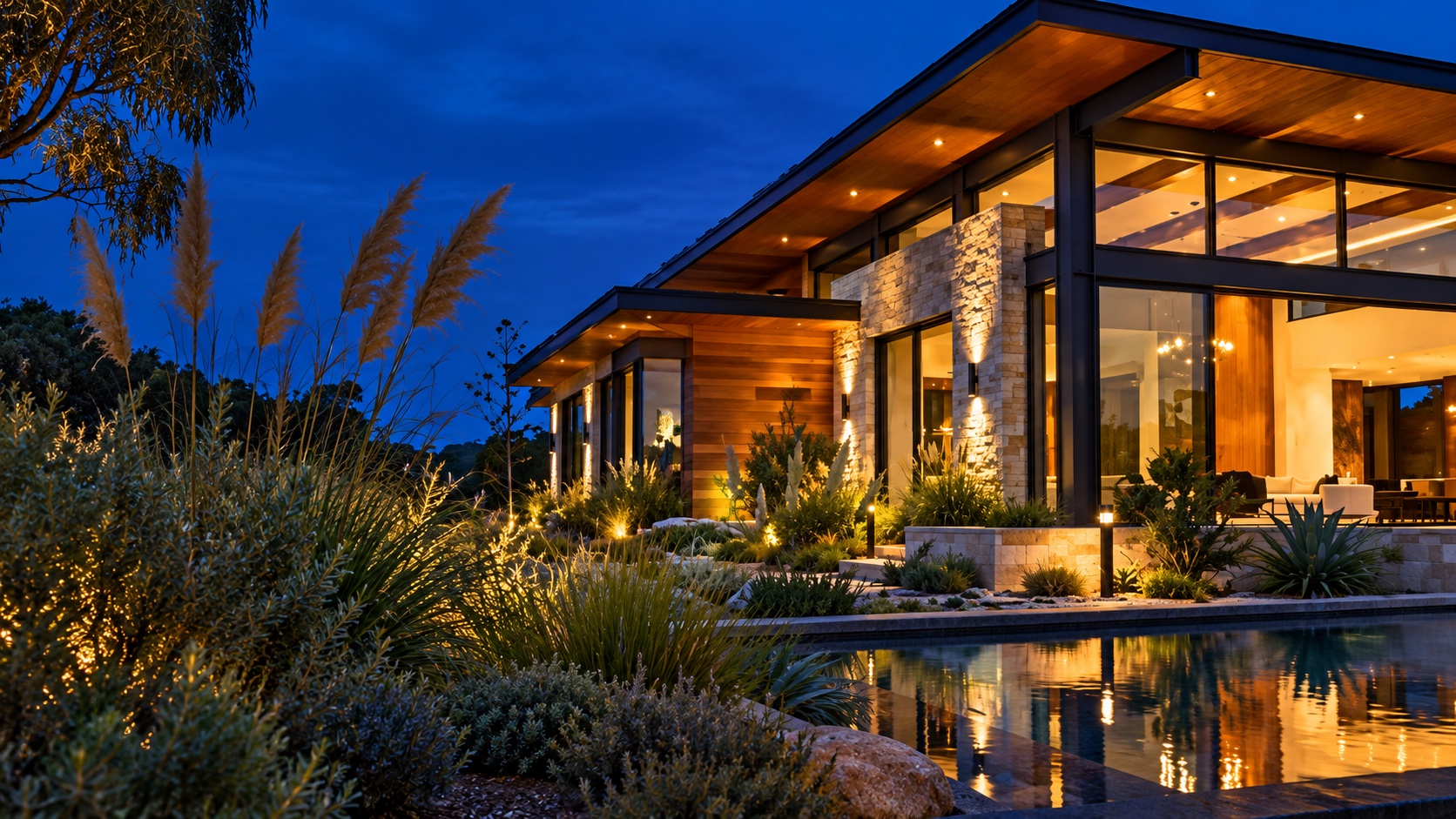 A warmly lit custom home at blue hour